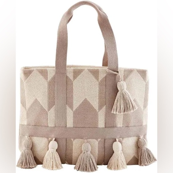 Mud Pie Handloom Tassel Tote, Cream - Picture 2 of 12